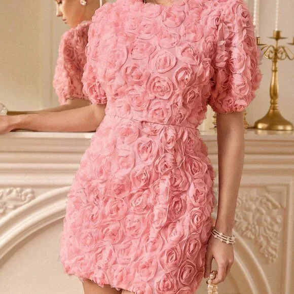 Pink Party Women's 3d Floral Decor Mini Dress with Cinched Waist - Picture 6 of 7
